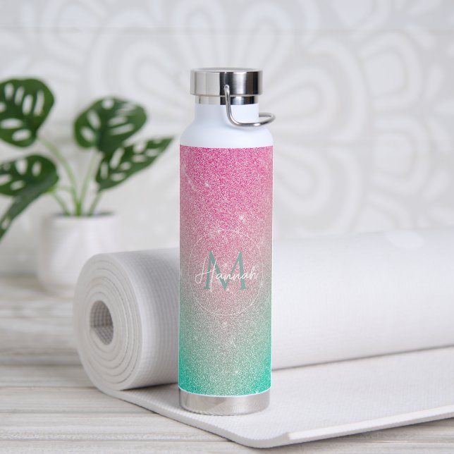 Elegant Sparkling Glitter Pink Mint Gradient Water Bottle (Yoga)