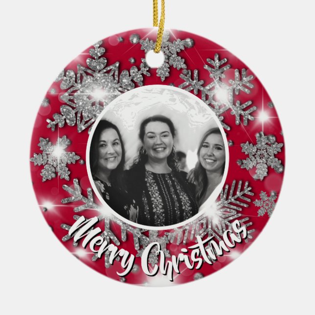 Elegant sparkling glitter snowflake personalise ceramic ornament (Front)