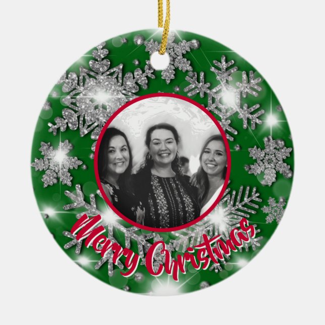 Elegant sparkling glitter snowflake photo template ceramic ornament (Front)