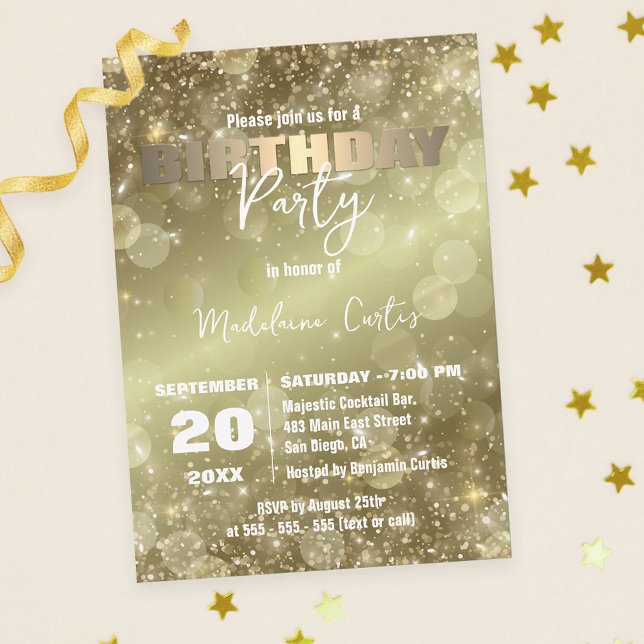 Elegant Sparkling Gold-Tone Birthday Party Invitation (Creator Uploaded)