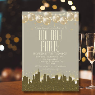 Elegant Sparkling Golden Skyline Holiday Party Invitation