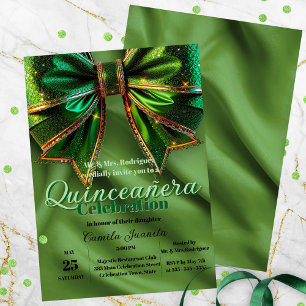 Elegant Sparkling Green Bow on Satin Quinceañera Invitation