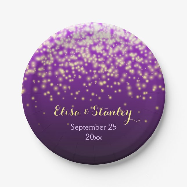 Elegant sparkling lights in purple modern wedding paper plate (Front)