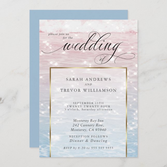 Elegant Sparkling Ocean Beach Wedding  Invitation (Front/Back)