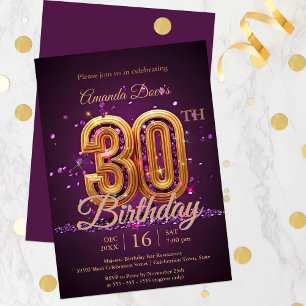 Elegant Sparkling Purple and Gold 30th Birthday Invitation