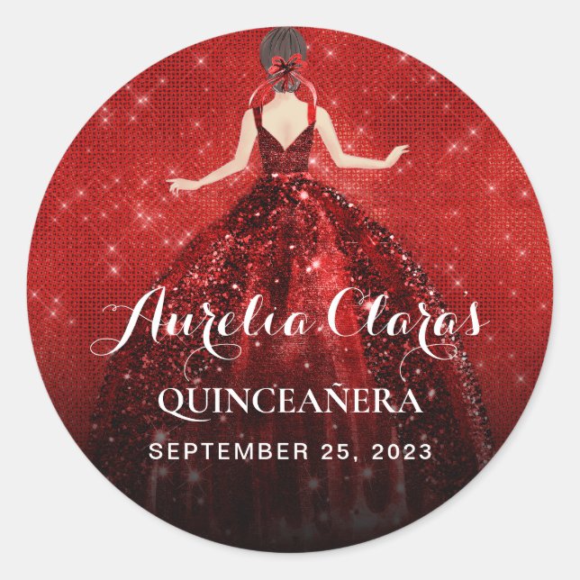 Elegant Sparkling Red Princess Dress Birthday Classic Round Sticker (Front)