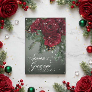 Elegant Sparkling Red Roses & Pine Christmas Holiday Card
