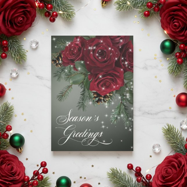 Elegant Sparkling Red Roses & Pine Christmas Holiday Card (Creator Uploaded)