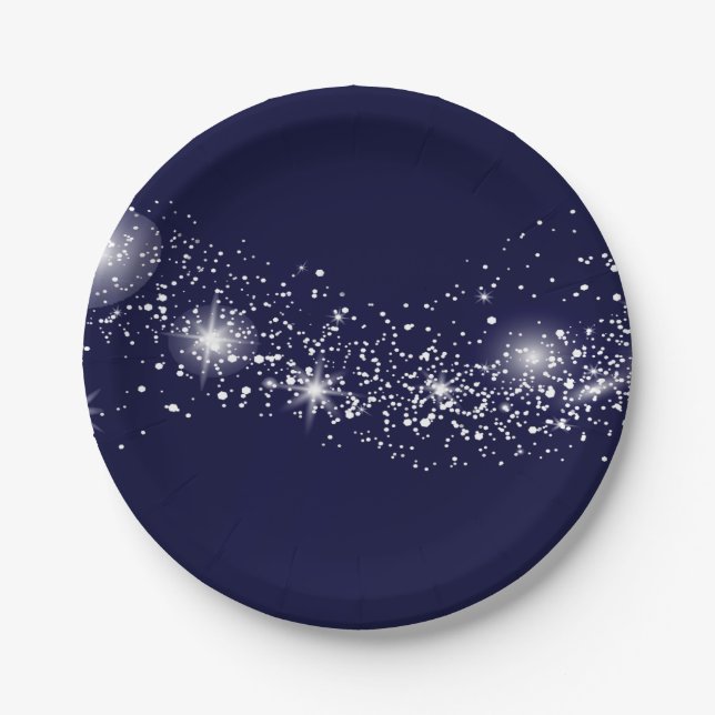 Elegant Sparkling Stars on Navy Blue  Paper Plate (Front)