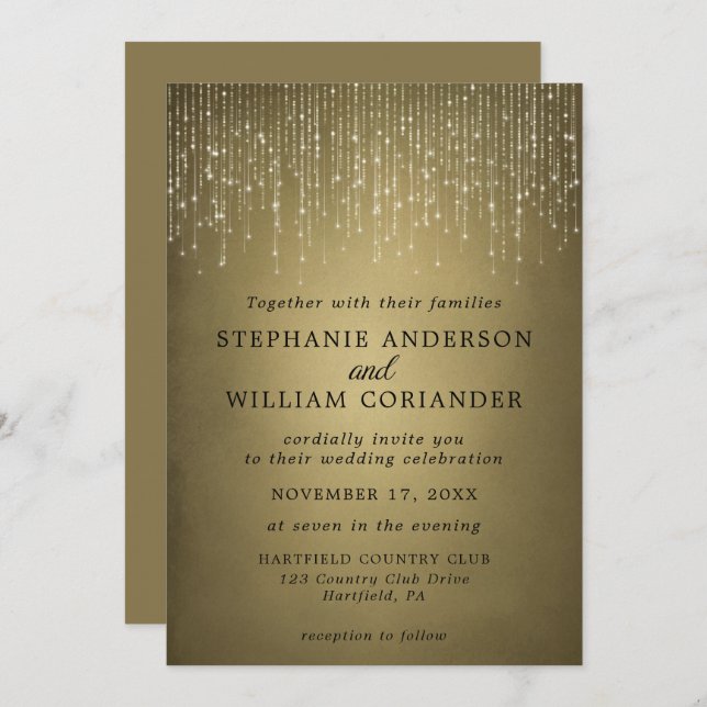Elegant Sparkling String Lights Gold Wedding Invitation (Front/Back)