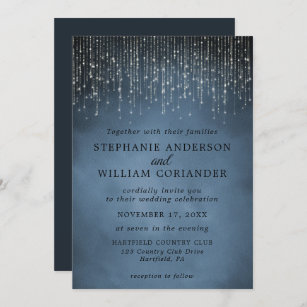 Elegant Sparkling String Lights Navy Blue Wedding Invitation
