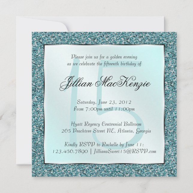 Elegant Sparkling Teal Sweet 15 Glitter Invite (Front)