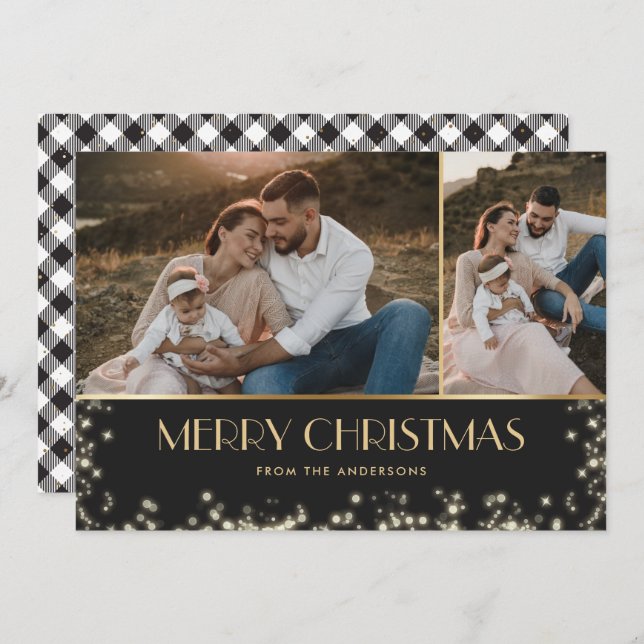 Elegant Sparkly Black Gold Plaid Photo Christmas Holiday Card (Front/Back)