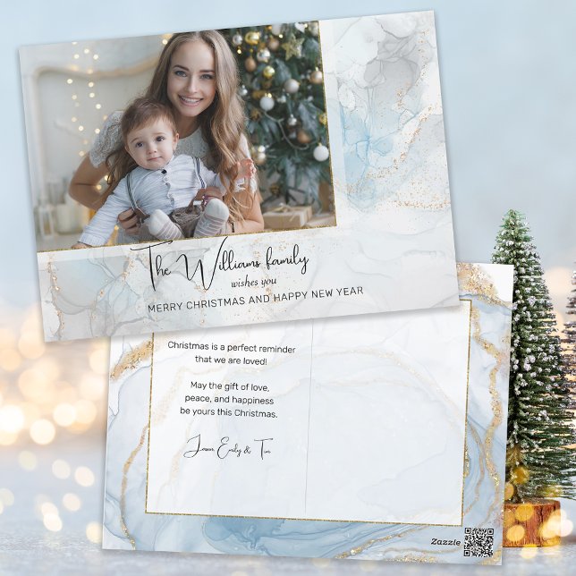 Elegant Sparkly Blue & Gold Alcohol Ink Photo Holiday Postcard (Creator Uploaded)