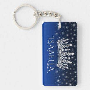 Elegant Sparkly Crown & Stars Royal Blue Monogram Key Ring