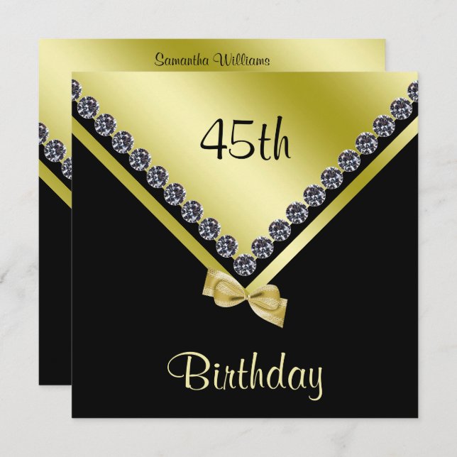 Elegant Sparkly Diamonds & Gold Bow 45th Birthday Invitation (Front/Back)