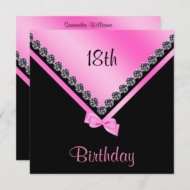 Elegant Sparkly Diamonds & Pink Bow 18th Birthday Invitation (Front/Back)