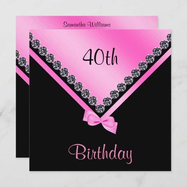 Elegant Sparkly Diamonds & Pink Bow 40th Birthday Invitation (Front/Back)
