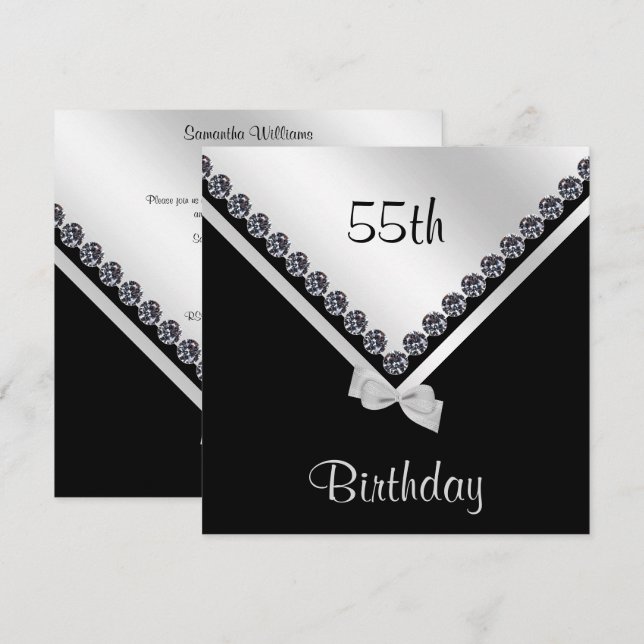 Elegant Sparkly Diamonds & Silver Bow 55th Invitation (Front/Back)