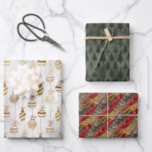 Elegant Sparkly Gold Green Pine Tree Red Wrapping Paper Sheet