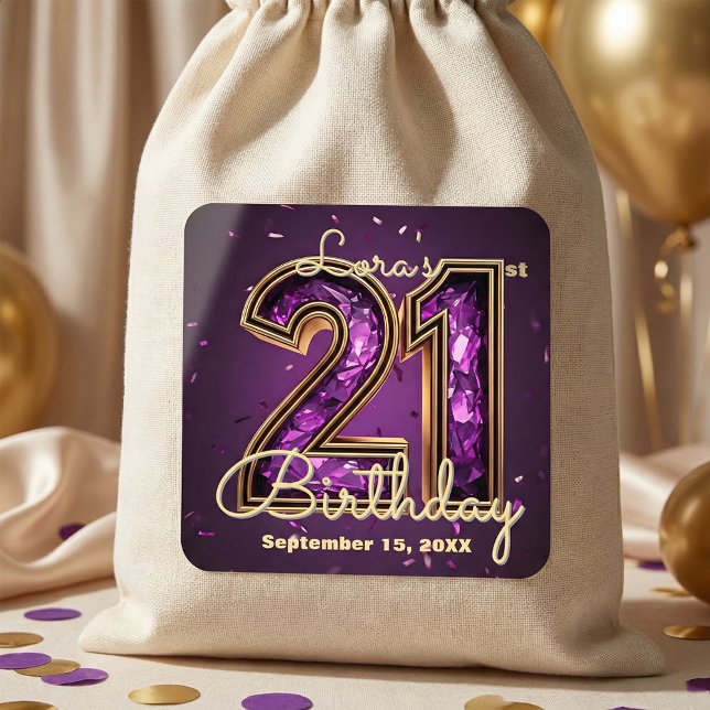 Elegant Sparkly Purple Crystal 21st Birthday Party Square Sticker (Creator Uploaded)