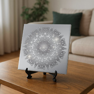 Elegant Sparky Glowing Silver Metallic Mandala Art Ceramic Tile