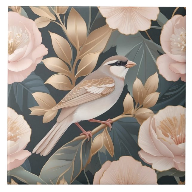 Elegant Sparrow Dusty Pink and Gold Floral Ceramic Tile (Front)