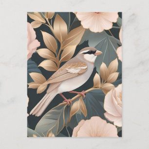 Elegant Sparrow Dusty Pink and Gold Floral Postcard