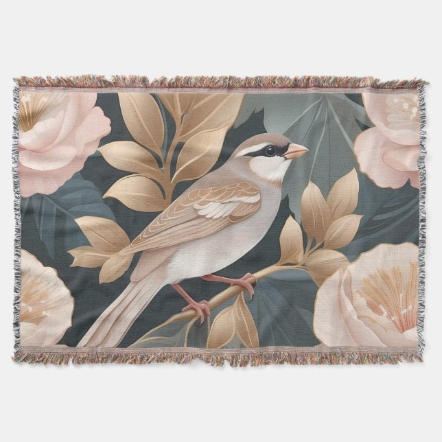 Elegant Sparrow Dusty Pink and Gold Floral Throw Blanket (Front)