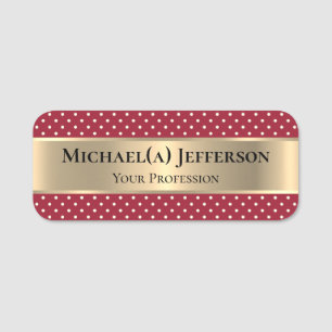 Elegant Spicy Dark Red Polka Dotted & Luxury Gold Name Tag