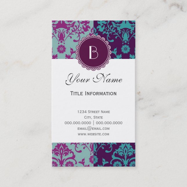 Elegant Split Damask Pattern with Monogram Business Card (Front)