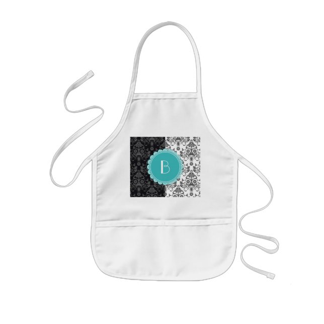Elegant Split Damask Pattern with Monogram Kids Apron (Front)
