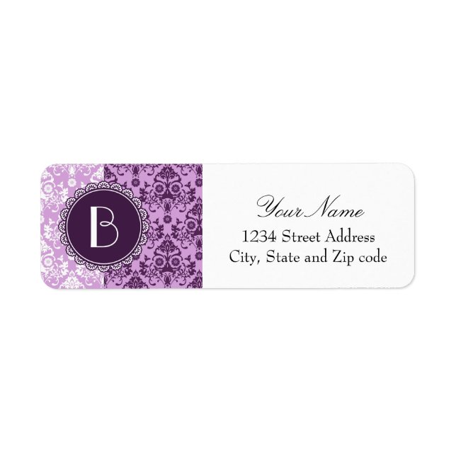 Elegant Split Damask Pattern with Monogram Return Address Label (Front)