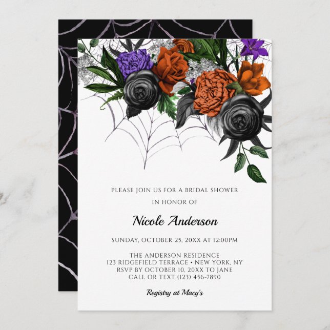 Elegant Spooky Floral Spider Web Bridal Shower Invitation (Front/Back)