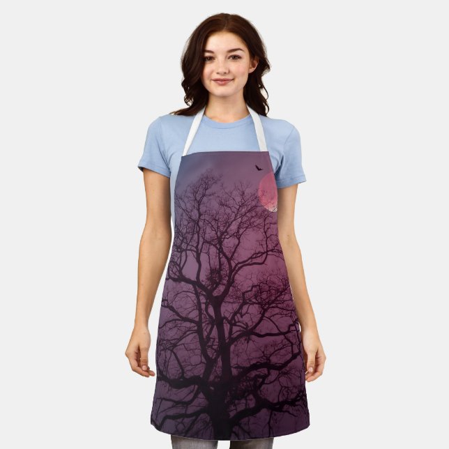 Elegant Spooky Halloween Theme Tree Moon Artwork Apron (Worn)