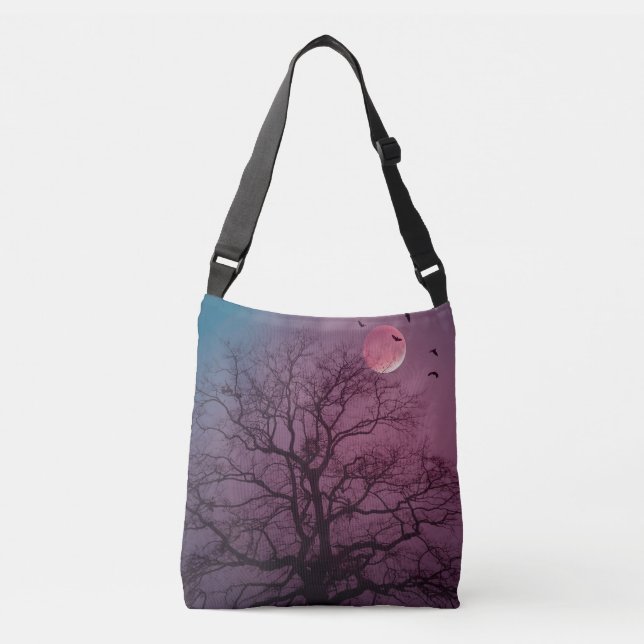 Elegant Spooky Halloween Theme Tree Moon Artwork Crossbody Bag (Front)