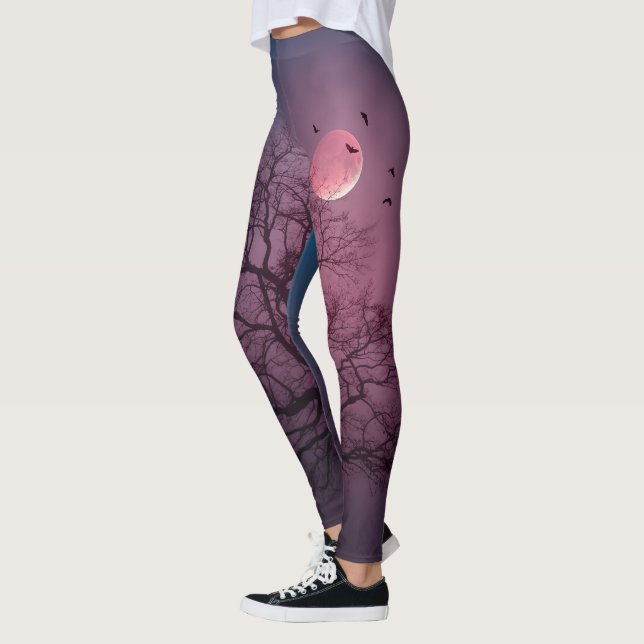 Elegant Spooky Halloween Theme Tree Moon Artwork Leggings (Left)