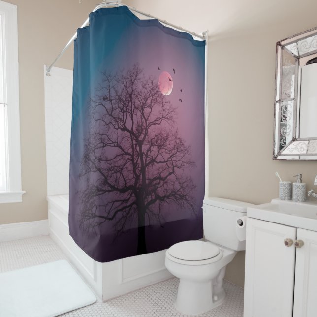 Elegant Spooky Halloween Theme Tree Moon Artwork Shower Curtain (In Situ)