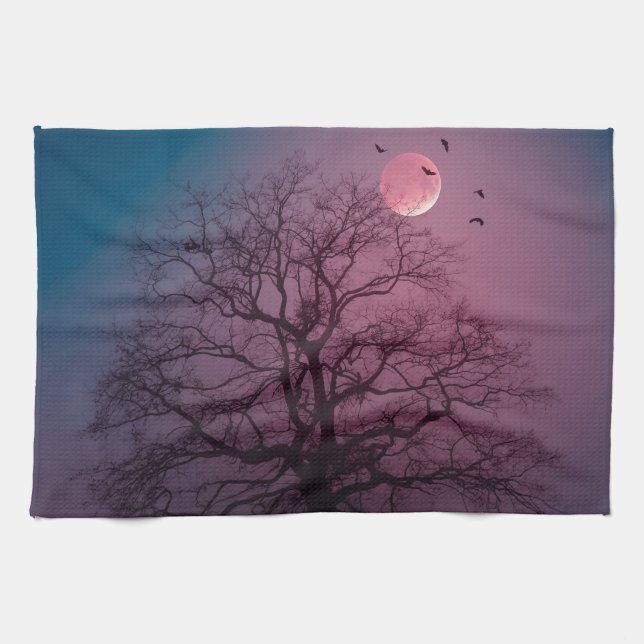 Elegant Spooky Halloween Theme Tree Moon Artwork Tea Towel (Horizontal)