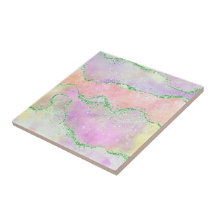 Elegant Spring Agate   Playful Faux Green Glitter Ceramic Tile