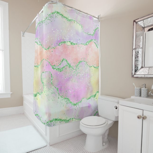 Elegant Spring Agate | Playful Faux Green Glitter Shower Curtain (In Situ)