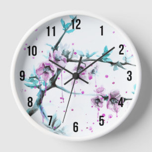 Elegant Spring blossom Pink floral Watercolor art Clock