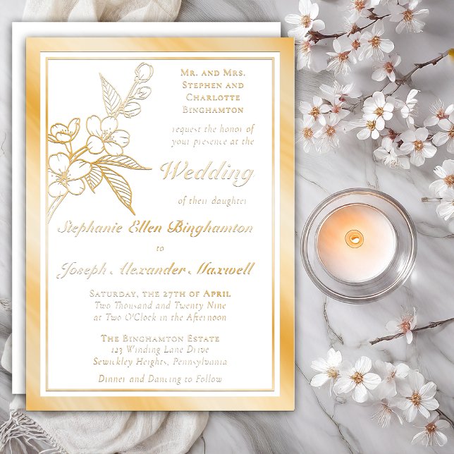 Elegant Spring Blossoms Gold White Formal Wedding (Elegant Line Art Spring Blossoms Floral Formal Wedding Gold Foil on White Invitations)