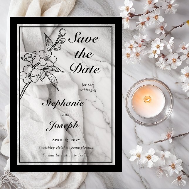 Elegant Spring Blossoms Wedding Save the Date Acrylic Invitations (Elegant Line Art Spring Blossoms Floral | Back Photo Wedding Black on Clear Acrylic Save the Dates)