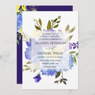 Elegant spring blue and yellow flowers wedding invitation