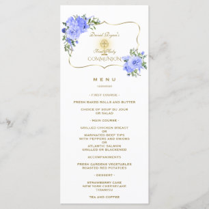 Elegant Spring Blue Floral Gold Holy Communion Menu