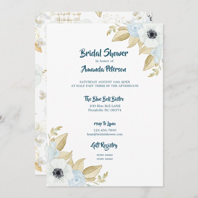 Elegant Spring Blue & White Floral Bridal Shower Invitation (Front/Back)