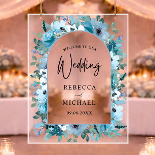 Elegant spring dusty blue floral wedding welcome  acrylic sign