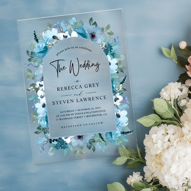 Elegant spring dusty blue white floral wedding acrylic invitations (Creator Uploaded)
