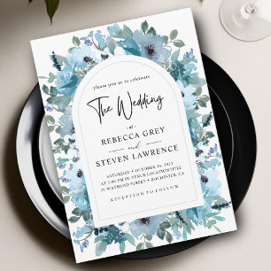 Elegant spring dusty blue white floral wedding invitation